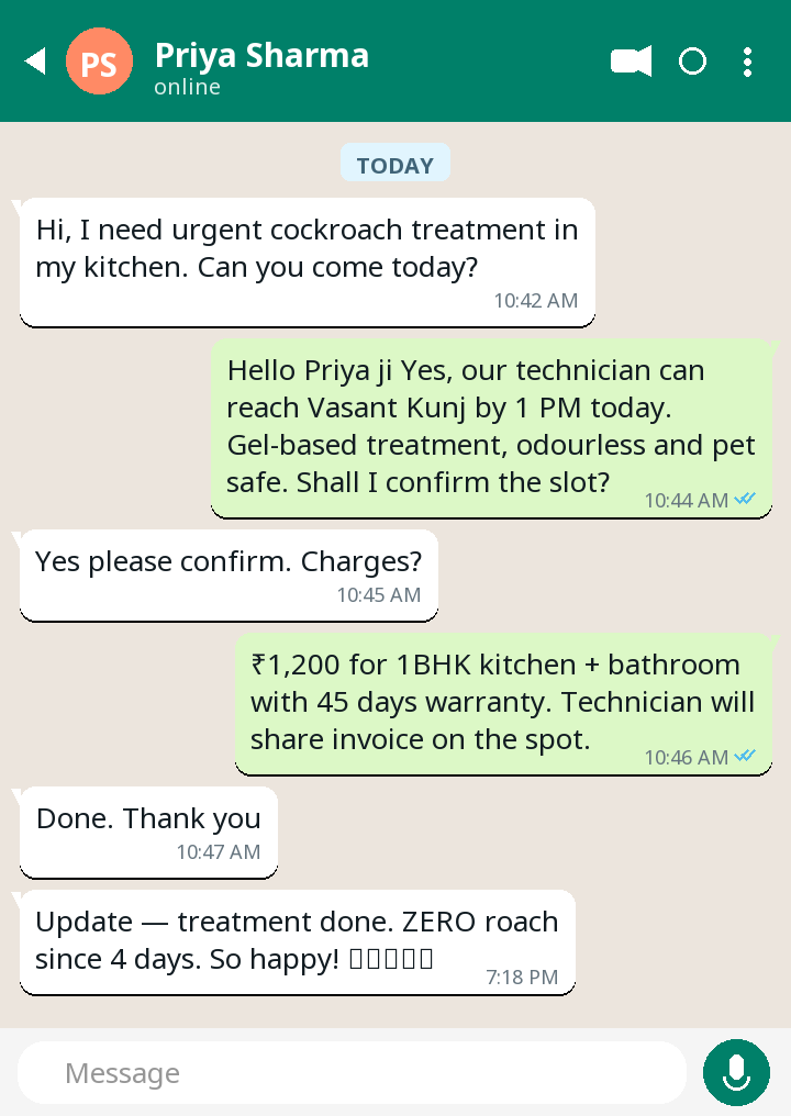 WhatsApp testimonial from Priya Sharma — Cockroach Control in Vasant Kunj