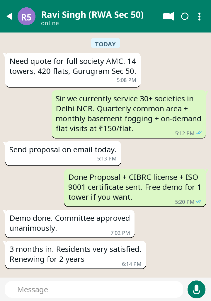 WhatsApp testimonial from Ravi Singh — Society AMC in Gurugram Sec 50