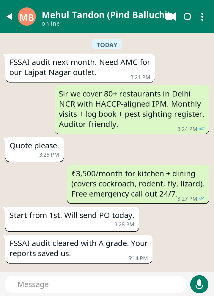 WhatsApp testimonial from Mehul Tandon — Restaurant AMC in Lajpat Nagar