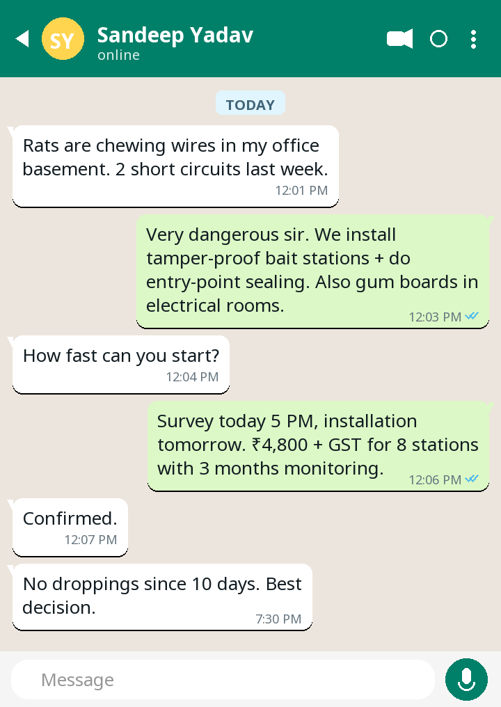 WhatsApp testimonial from Sandeep Yadav — Rodent Control in Nehru Place